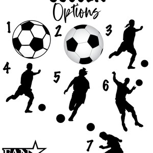 May include: Seven black and white soccer-themed illustrations. The first two are soccer balls, the next three are silhouettes of players kicking a ball, and the last two are silhouettes of players running with a ball. The text "Soccer Options" is at the top of the image, and the text "Fan Star" is at the bottom.