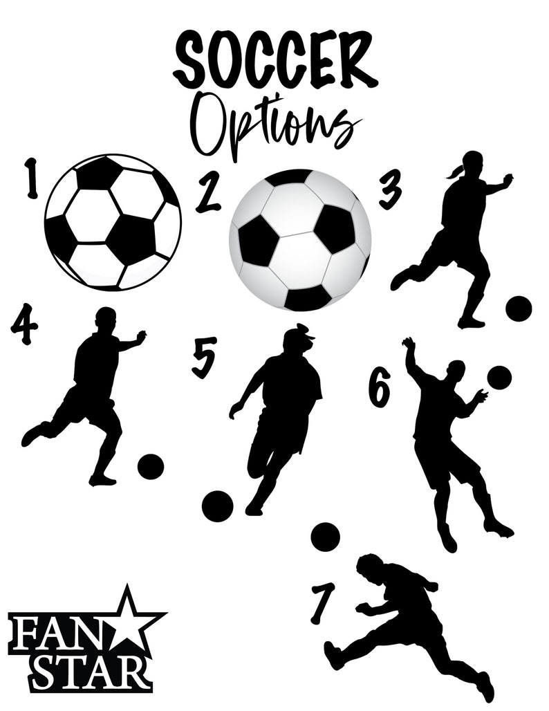 May include: Seven black and white soccer-themed illustrations. The first two are soccer balls, the next three are silhouettes of players kicking a ball, and the last two are silhouettes of players running with a ball. The text "Soccer Options" is at the top of the image, and the text "Fan Star" is at the bottom.