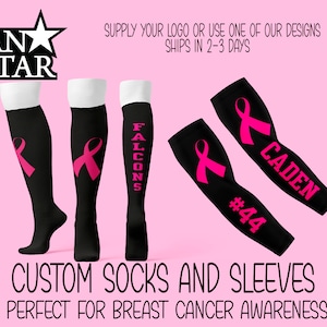 Custom Pink Ribbon Socks and Sleeves Set, Great for Breast Cancer Awareness Events, Team Events, Football, Softball, Soccer, Team Discounts