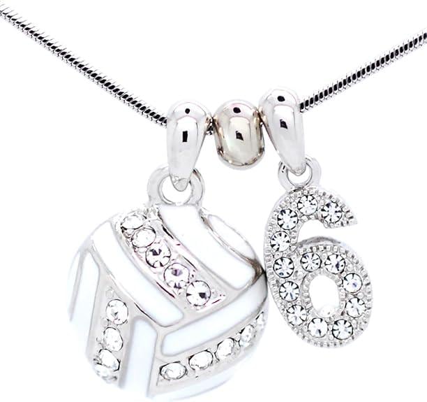 Volleyball Pendant Number Necklace with Crystals to Match Team Colors, Birthstone, or Favorite Color, Rhodium Plated, Team Gift
