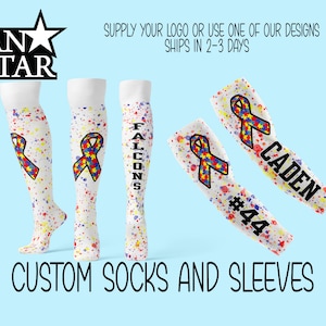 Custom Autism Ribbon Socks and Sleeves Set, Great for Autism Awareness Events, Teams, Football, Softball, Team Discounts