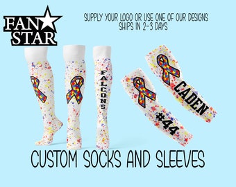 Custom Autism Ribbon Socks and Sleeves Set, Great for Autism Awareness Events, Teams, Football, Softball, Team Discounts