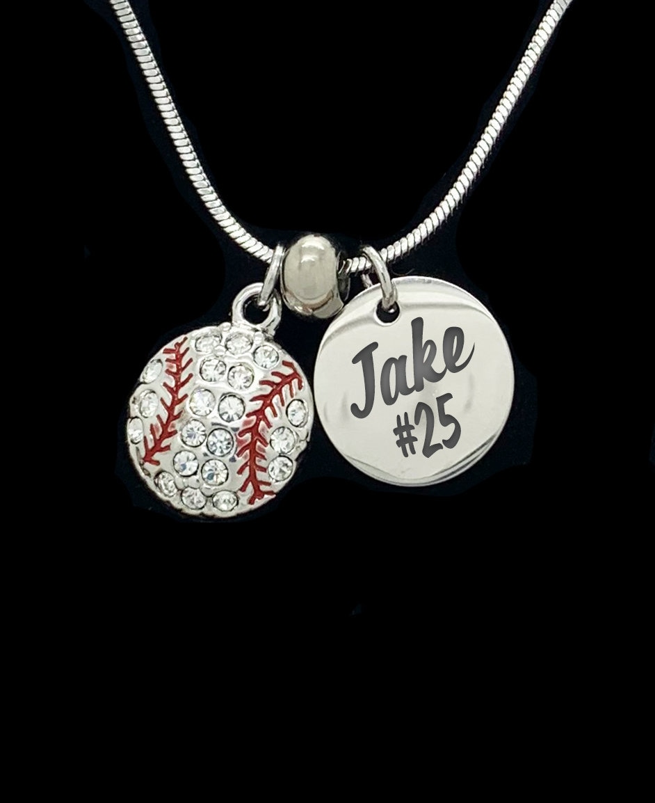 Custom BASEBALL Pendant Name Necklace - Several Colors Available - Personalized, Stainless Steel, Crystal, Laser Engraved