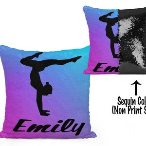 Personalized Gymnast Sequin Flip Pillow Customized with Your Name, Image, and Background Color