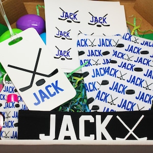 Personalized HOCKEY Gift Box - Birthday or Easter Gift Box! Basketball Team Gift - ADD Hockey Slides or Hockey Drawstring Bag