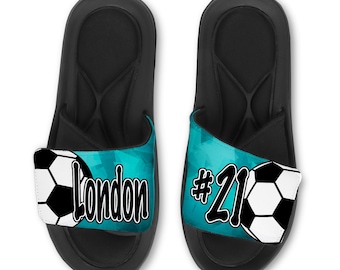 Custom Soccer Slides Flip Flops Sandals, Personalized Soccer Sandals, Memory Foam Slides, Soccer Gift, Prism Design