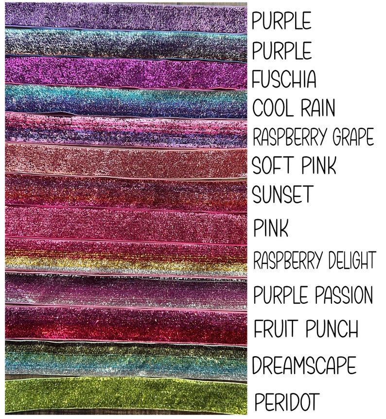 Puede incluir: Una colecci&oacute;n de 12 cintas de brillo de diferentes colores, incluyendo morado, fucsia, lluvia fresca, uva de frambuesa, rosa suave, puesta de sol, rosa, delicia de frambuesa, pasi&oacute;n morada, ponche de frutas, paisaje de ensue&ntilde;o y peridoto.