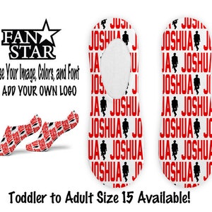 Puede incluir: Un par de calcetines blancos sin dedos con un diseño rojo y negro. Los calcetines presentan el nombre "Joshua" repetido varias veces con una silueta de una persona sosteniendo un arma de fuego. El texto "Fan Star" también es visible en la imagen. El texto "Choose Your Image, Colors, and Font or Add Your Own Logo" también es visible en la imagen. El texto "Toddler to Adult Size 15 Available!" también es visible en la imagen.