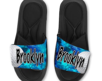 Custom Golf Slides Flip Flops Sandals, Personalized Golf Sandals, Memory Foam Slides, Soccer Gift, NEW Watercolor Design