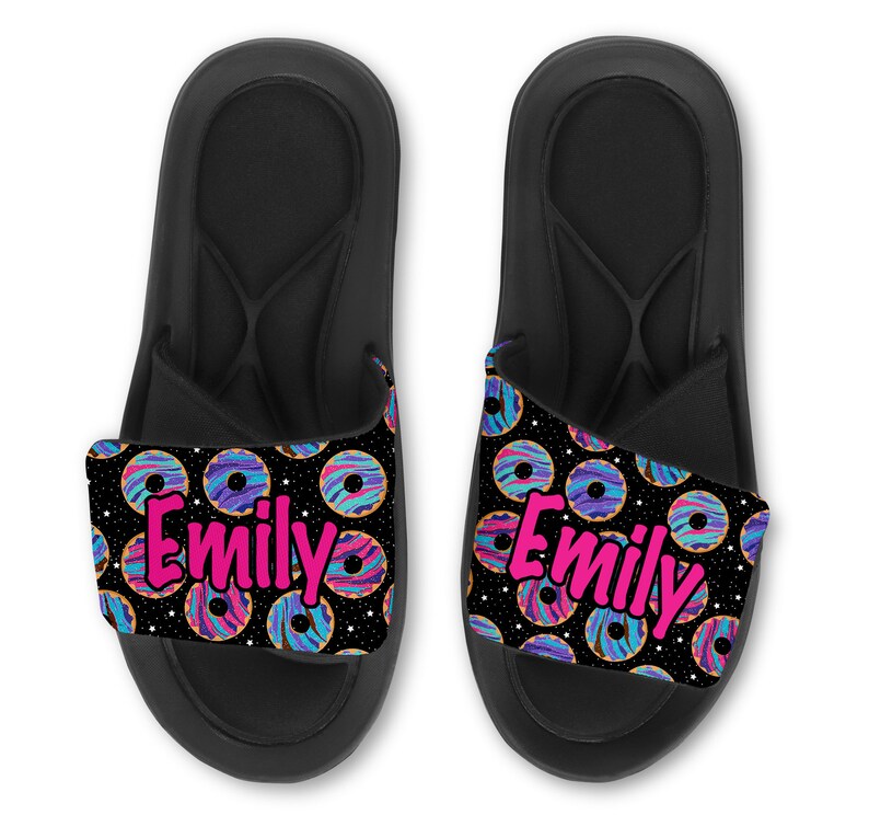 Personalized Custom SPACE DONUT DOUGHNUT Sandals Slides Flip Flops Choose your name and font!