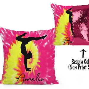 Personalized Gymnast Sequin Flip Pillow with Tie Dye Design of Your Choice, Custom Gymnastics Sequin Pillow with Name
