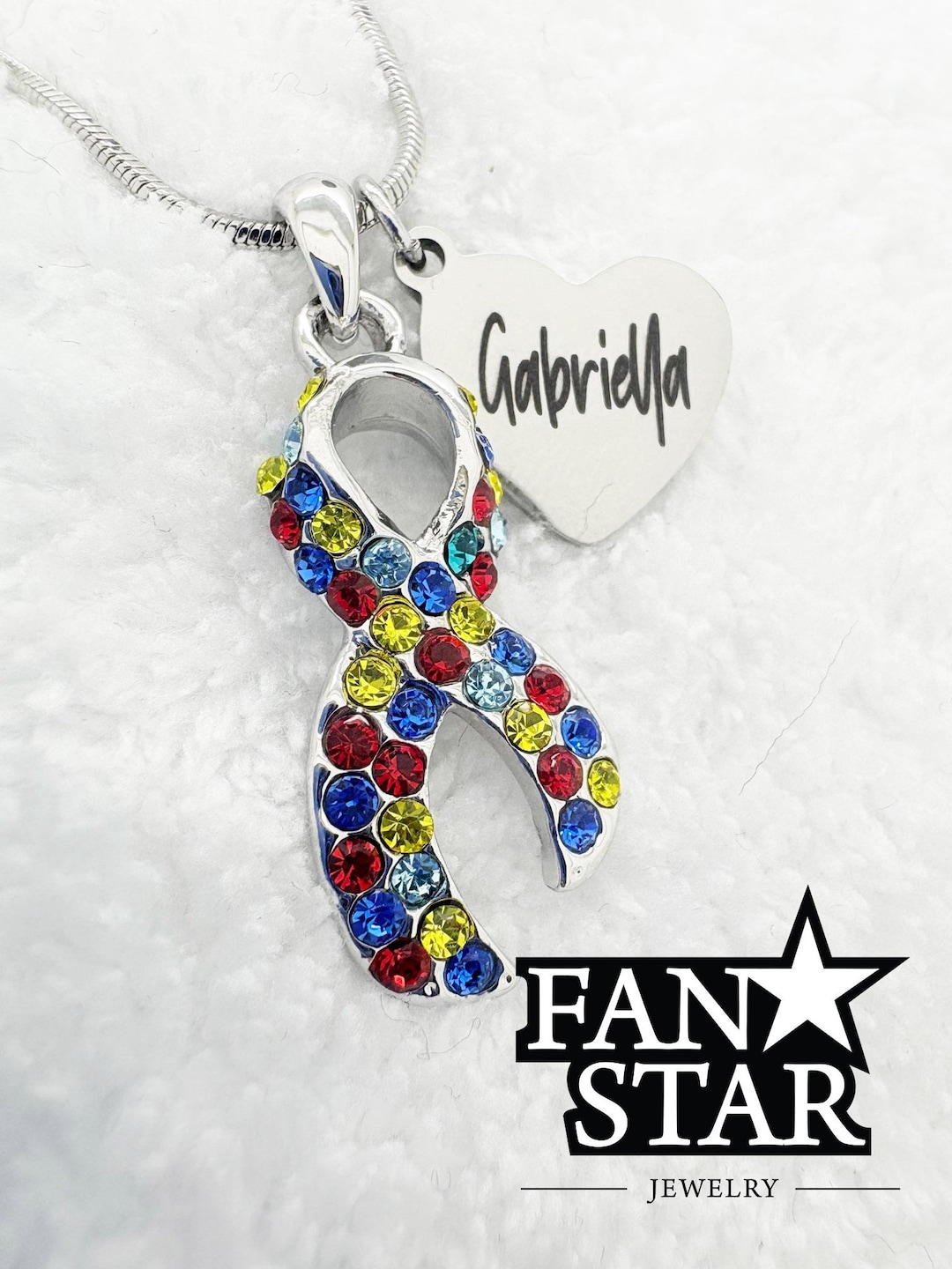 Autism Crystal Ribbon Necklace Pendant With Stainless Steel Engraved ...