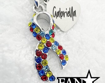 Autism Crystal Ribbon Necklace Pendant with Stainless Steel Engraved Heart Name Charm