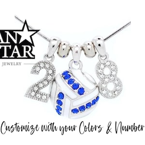 Volleyball Pendant Number Necklace with Crystals to Match Team Colors, Birthstone, or Favorite Color, Rhodium Plated, Team Gift