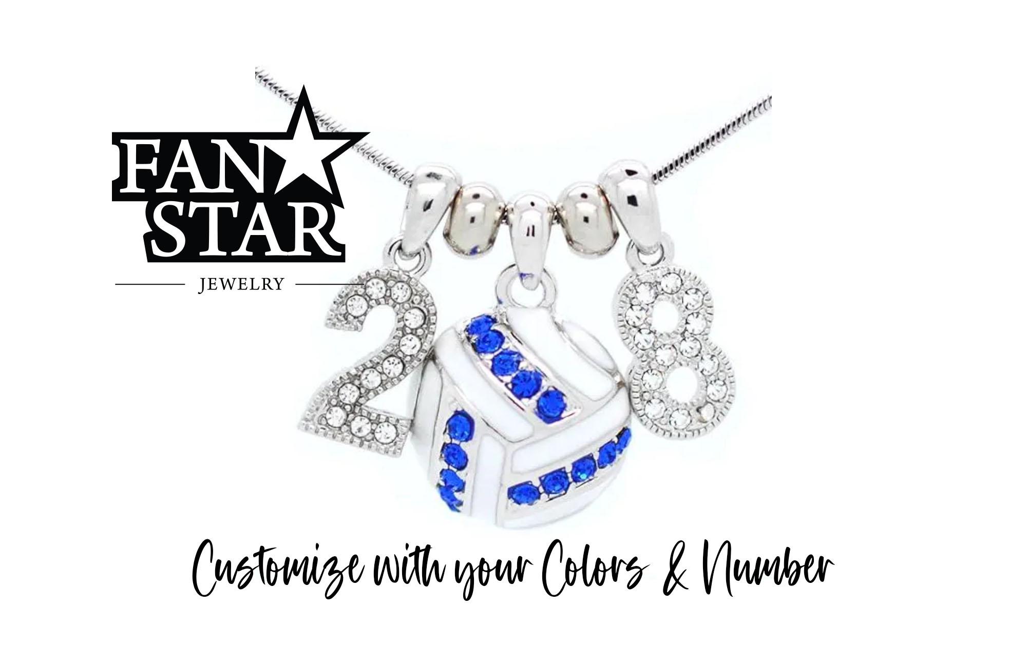 Volleyball Pendant Number Necklace with Crystals to Match Team Colors, Birthstone, or Favorite Color, Rhodium Plated, Team Gift