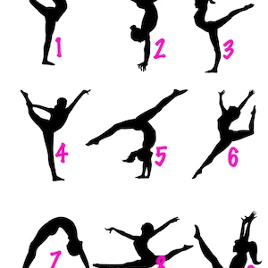 May include: Nine black silhouette images of gymnasts in various poses. The images are numbered 1 through 9.