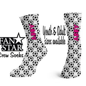 Personalized Soccer Balls Crew Socks, Custom Soccer with Name Socks, Adult or Child Sized, Perfect Team Gift, Sparkle or Plain