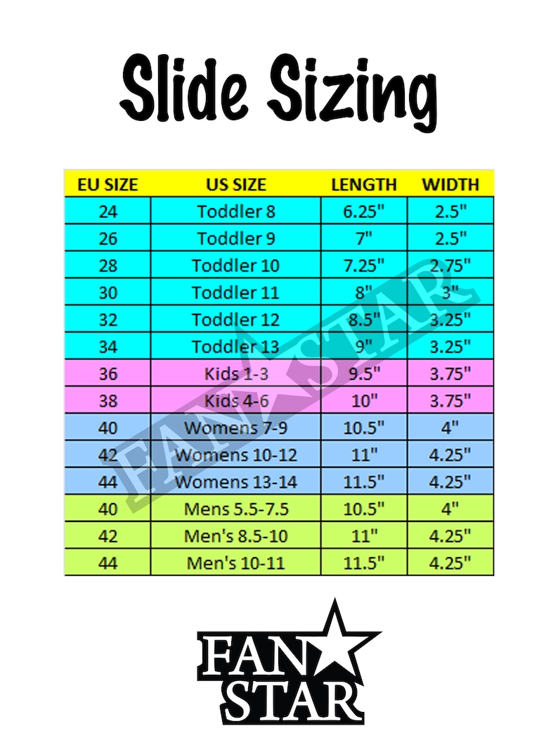 May include: A chart showing slide sizing in US and EU sizes. The chart shows the corresponding US size, EU size, length in inches, and width in inches for toddler, kids, women's, and men's sizes.