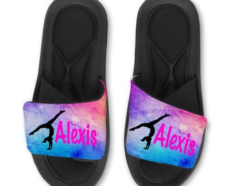 Personalized Custom Gymnast Slides Flip Flops Sandals with Water Background - Memory Foam Sole