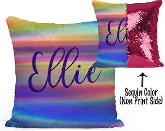 Personalized Mermaid Sequin Flip Pillow with rainbow waves, Customize with your Name or Logo, Perfect Birthday Gift!
