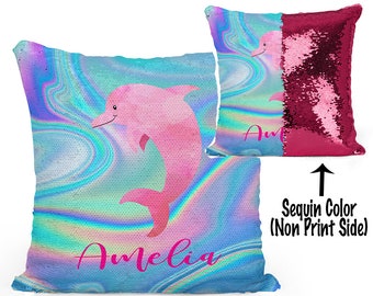 Personalized DOLPHIN Mermaid Sequin Flip Pillow Customized with your Name!  Great for Beach Room.