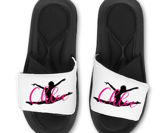 Personalized GYMNAST Slides Flip Flops Sandals Leaping - Custom Name or Team