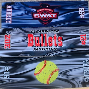 May include: Three softball team banners with black and white wavy designs. The top banner is blue with the text "CENTRAL FLORIDA SWAT" and the number "66#." The middle banner is gray with the text "CLEARWATER Bullets FASTPITCH" and the number "#21." The bottom banner is gray with a yellow softball and the text "AURORA #16."