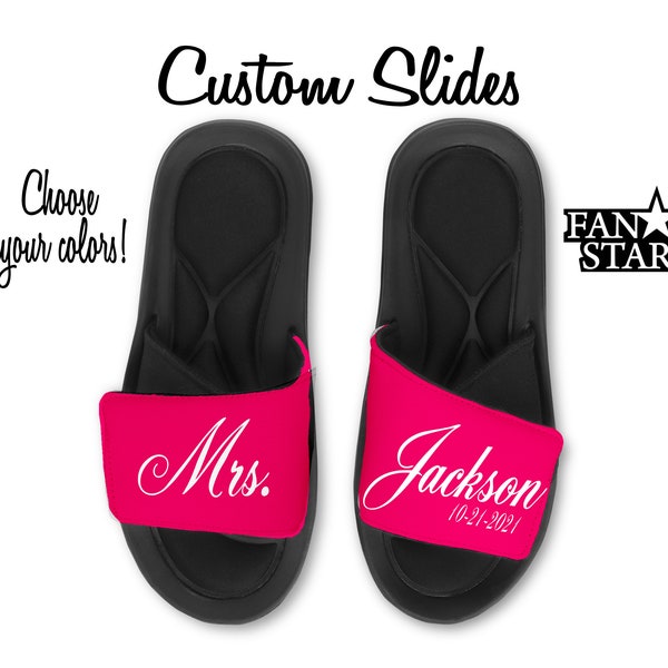 Personalized Bridal Name Slides Sandals, Custom Mrs Sandals with Wedding Date, Choose Your Colors and Font!  Super Comfy Memory Foam Sole.