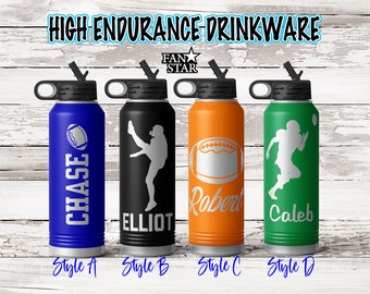 Personalized Football Water Bottle Laser Engraved with Name, Choose a Color, Size, Stainless Steel, 12, 20, 32, or 40 Oz, Football Team Gift