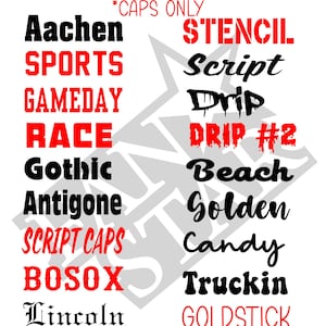 Puede incluir: Un fondo blanco muestra una lista de opciones de fuente en negro y rojo. El texto dice "FONT OPTIONS" y "*CAPS ONLY". Los nombres de las fuentes incluyen "Aachen", "Stencil", "Sports", "Script", "Gameday", "Drip", "Race", "Drip #2", "Gothic", "Beach", "Antigone", "Golden", "Script Caps", "Candy", "Bosox", "Truckin", "Lincoln", "Goldstick" y "Marker".