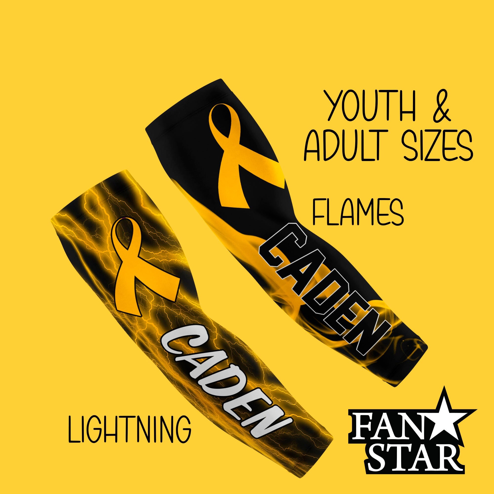 Custom Childhood Cancer Ribbon ARM Sleeve with Gold Ribbon, Gold Ribbon Awareness Sleeve for Kids and Adults, Choose Flames or Lightning