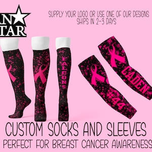 Custom Pink Ribbon Socks and Sleeves Set, Great for Breast Cancer Awareness Events, Teams, Football, Softball, Paint Splatter Team Discounts