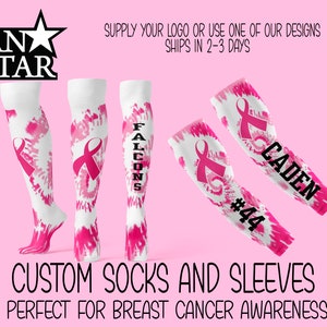 Custom Pink Ribbon Socks and Sleeves Set, Great for Breast Cancer Awareness Events, Teams, Football, Softball, Pink Tie Dye, Team Discounts
