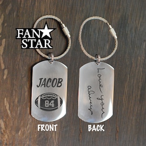 FOOTBALL Player Keychain Custom|Handwriting & Font Options|Personalized|Stainless Steel|Laser Engraved Key Chain
