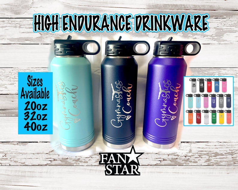 12, 20, 32, or 40 Ounce Gymnastics Coach Water Bottle Laser Engraved, Choose a Color and Size, Stainless Steel, Kids Water Bottles image 1