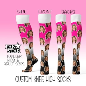 May include: Custom knee-high socks with a pink and black gradient background. The socks feature a repeating pattern of a woman's face. The top of the socks are white. The text "FAN STAR" and "CUSTOM KNEE HIGH SOCKS" are visible.