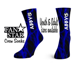 Personalized Soccer Crew Socks, Custom Soccer Lightning Crew Adult or Child Socks, Perfect Birthday Gift or Team Gift!  Sparkle or Plain