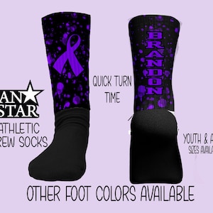 Personalized Purple Ribbon Crew Socks, Custom Cancer Socks, Adult or Child Sized, Perfect Team Gift, Cancer Awareness
