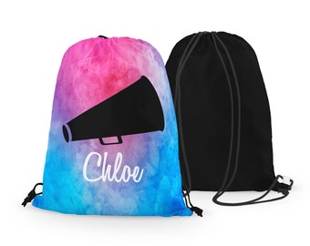 Personalized Cheer Megaphone Drawstring Bag, Custom Cheerleading Drawstring Backpack, Great team cheer gift!
