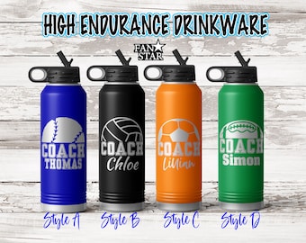 Personalized Coach Water Bottle Laser Engraved with Name, Choose a Color, Size, Stainless Steel, 12, 20, 32, or 40 Oz, Coach Gift