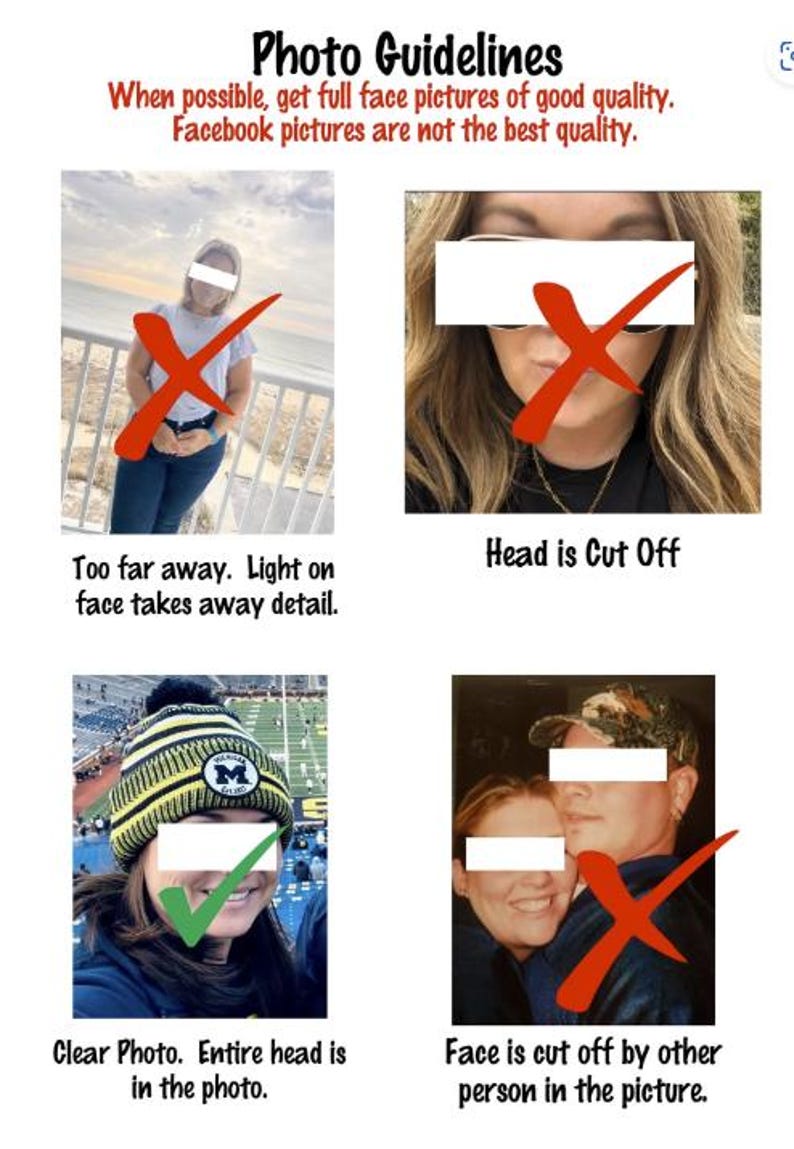 Puede incluir: Imagen con texto "Photo Guidelines" y el texto "When possible, get full face pictures of good quality. Facebook pictures are not the best quality." Incluye ejemplos de buena y mala calidad de foto.