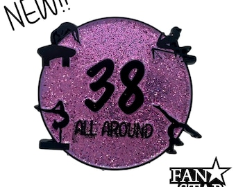 Gymnastics All Around Pin 38 Score Beam Bars Vault Floor Glitter Enamel Metal with Double Butterfly Back