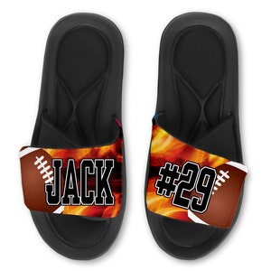 Custom FOOTBALL Slides Flip Flops Sandals, Personalized Flames Design Team Football Slides, Custom with Your Name, Number, or Logo!