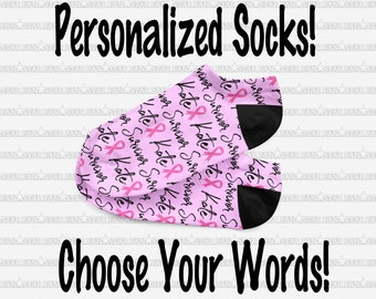 Personalized BREAST CANCER Socks, Custom Pink Ribbon Socks, Pink Ribbon Anklet Socks with Name