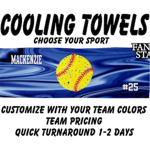 May include: A blue and yellow cooling towel with a softball design. The towel has the text "MACKENZIE" and "#25" on it. The towel is customizable with team colors and has a quick turnaround time of 1-2 days.