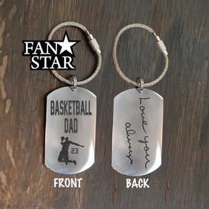 BASKETBALL DAD Keychain Custom|Jumping Player|Handwriting & Font Options|Personalized|Stainless Steel|Laser Engraved Key Chain