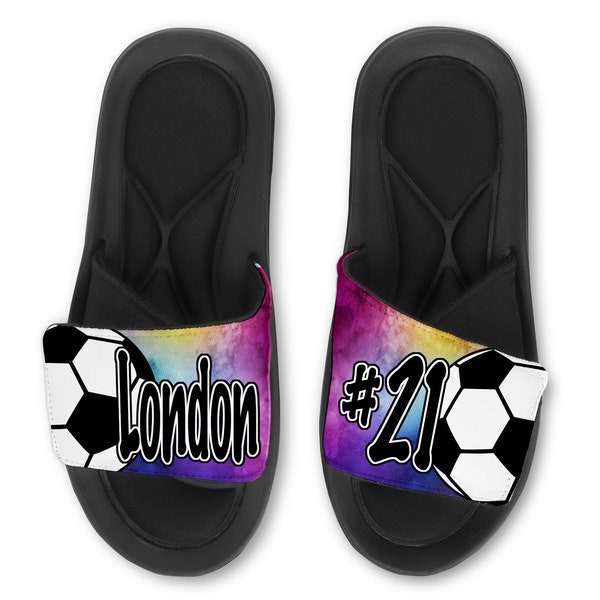 Custom Soccer Slides Flip Flops Sandals, Personalized Soccer Sandals, Memory Foam Slides, Soccer Gift, Watercolor Design