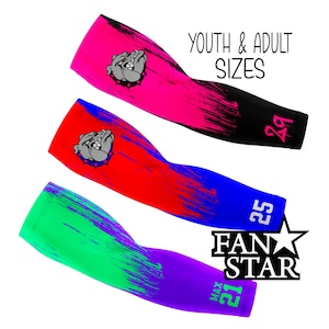 May include: Three colorful arm sleeves with a black and white bulldog graphic, a number, and the text "FAN STAR". The sleeves are available in youth and adult sizes.