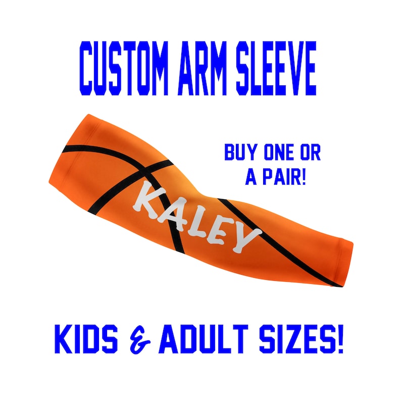 May include: Orange and black basketball arm sleeve with the name "KALEY" printed in white.  CUSTOM ARM SLEEVE, BUY ONE OR A PAIR!, KIDS & ADULT SIZES! are printed in blue text.