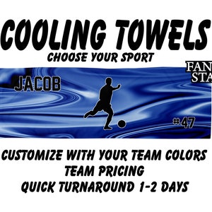 May include: A blue and white cooling towel with a soccer player silhouette, the text "JACOB #47", and the words "COOLING TOWELS CHOOSE YOUR SPORT FAN STAR".